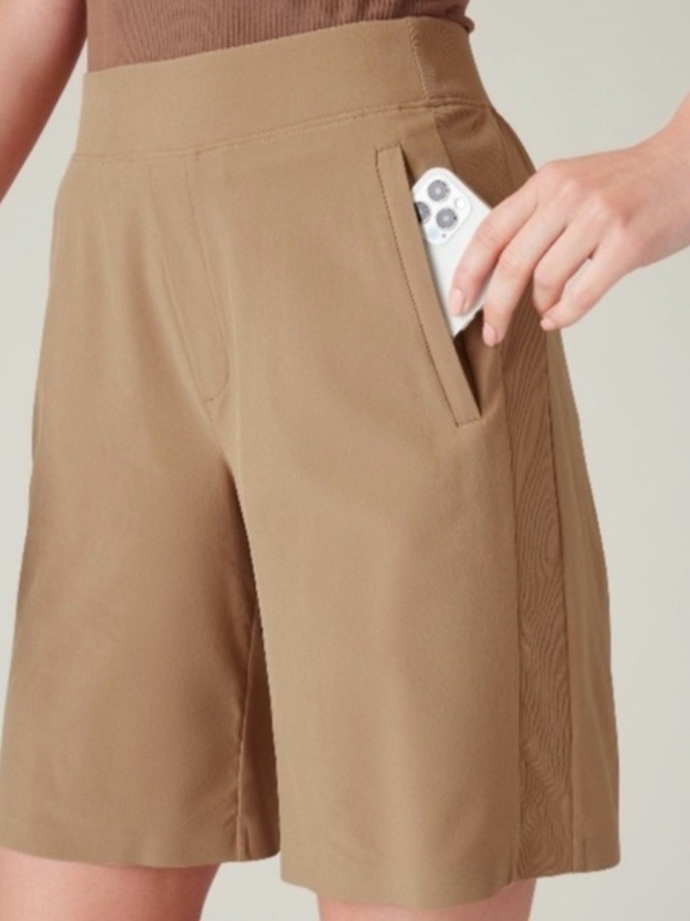 Athleta Tan Pull-On Mid-Length Shorts with Side Pocket
